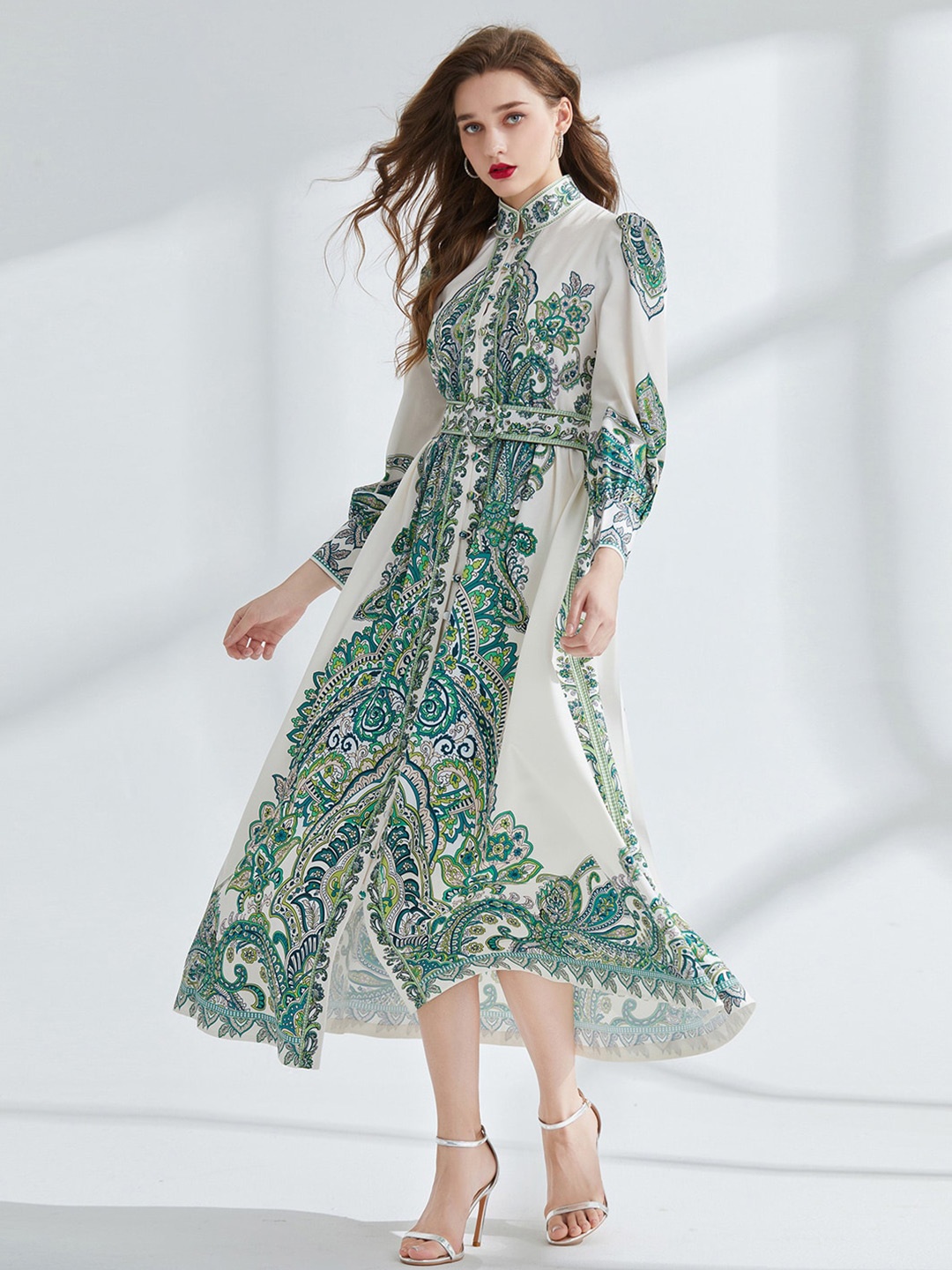 

JC Collection Floral Printed High Neck Puff Sleeves A-Line Midi Dress, Green