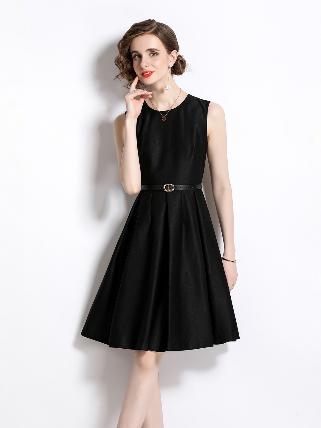 

JC Collection Round Neck Fit & Flare Dress, Black