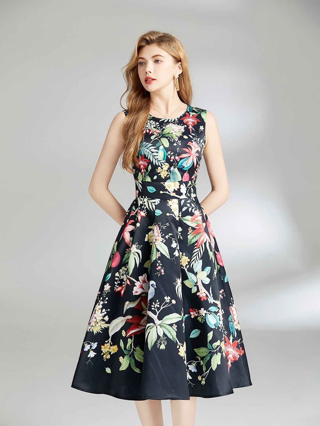 

JC Collection Floral Printed Fit & Flare Dress, Black