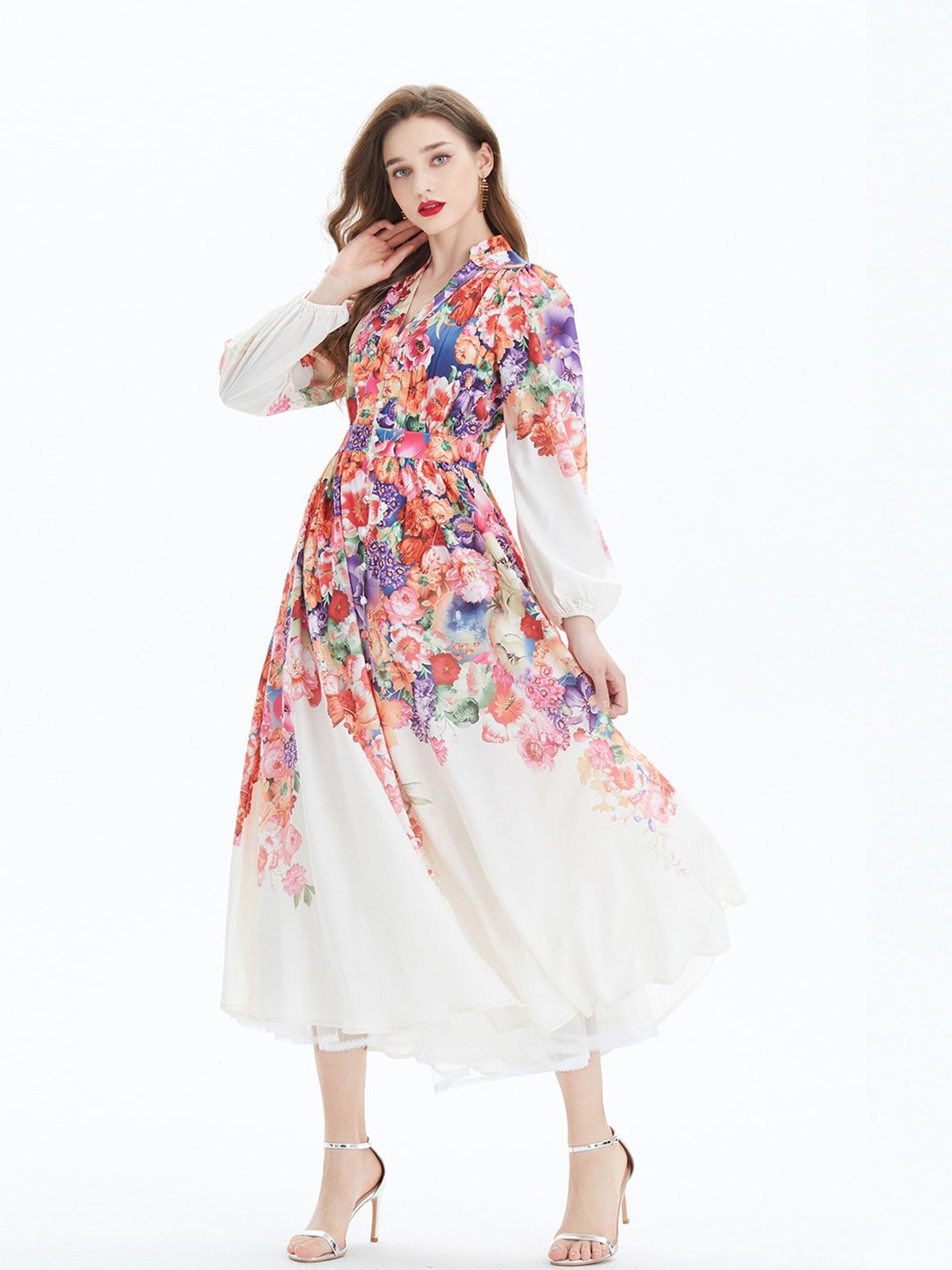 

JC Collection Floral Printed Mandarin Collar Fit & Flare Midi Dress, White