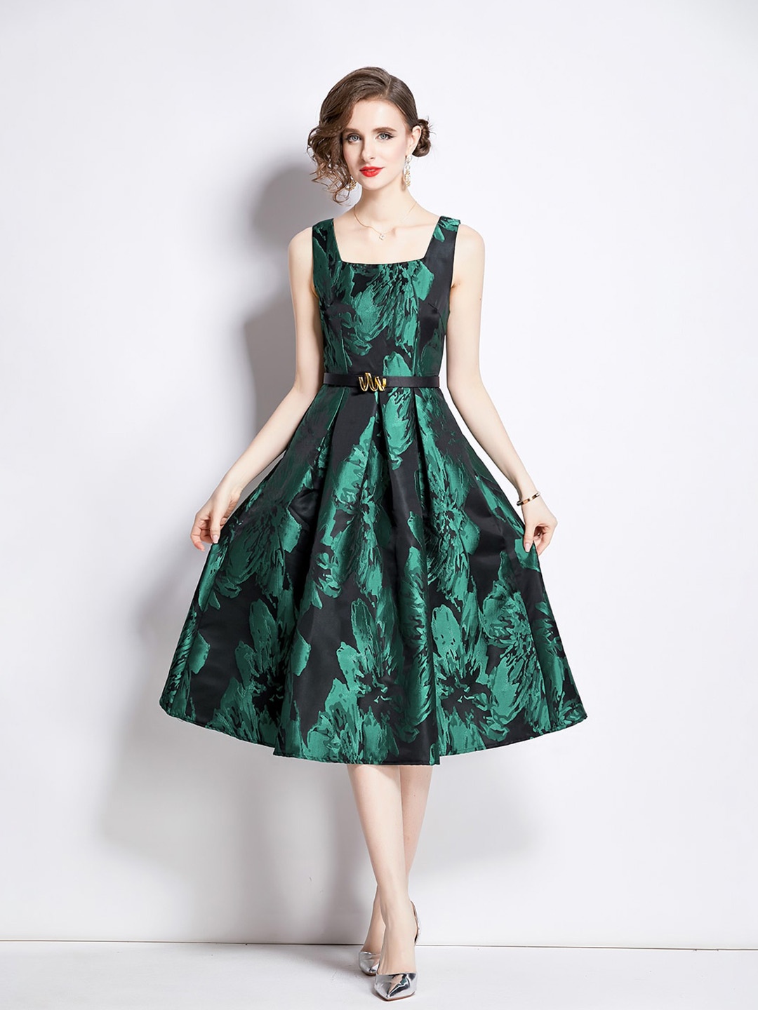 

JC Collection Floral Printed Square Neck Fit & Flare Midi Dress, Green