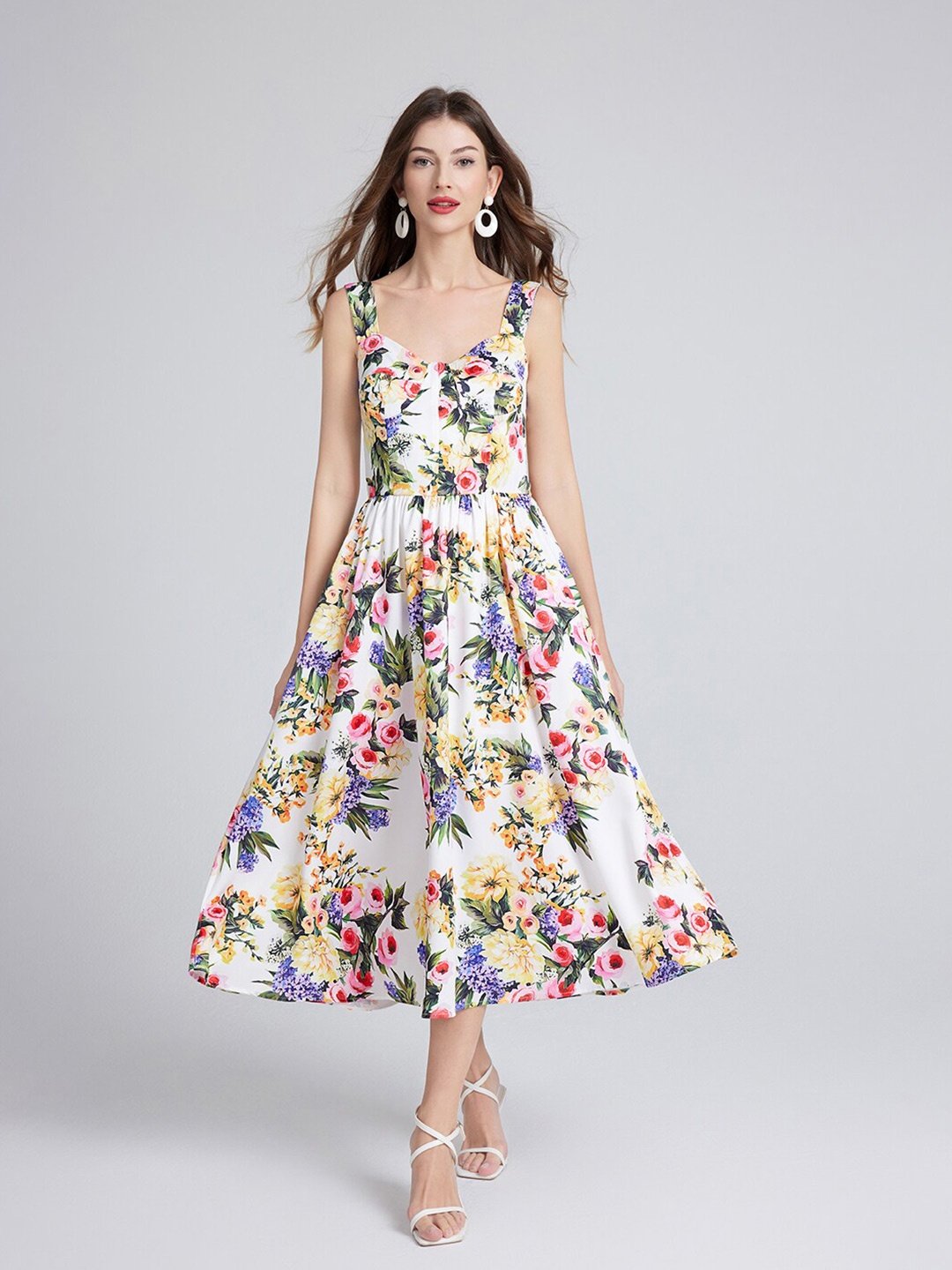 

JC Collection Floral Printed Sweetheart Neck Sleeveless Smocked Fit & Flare Midi Dress, White