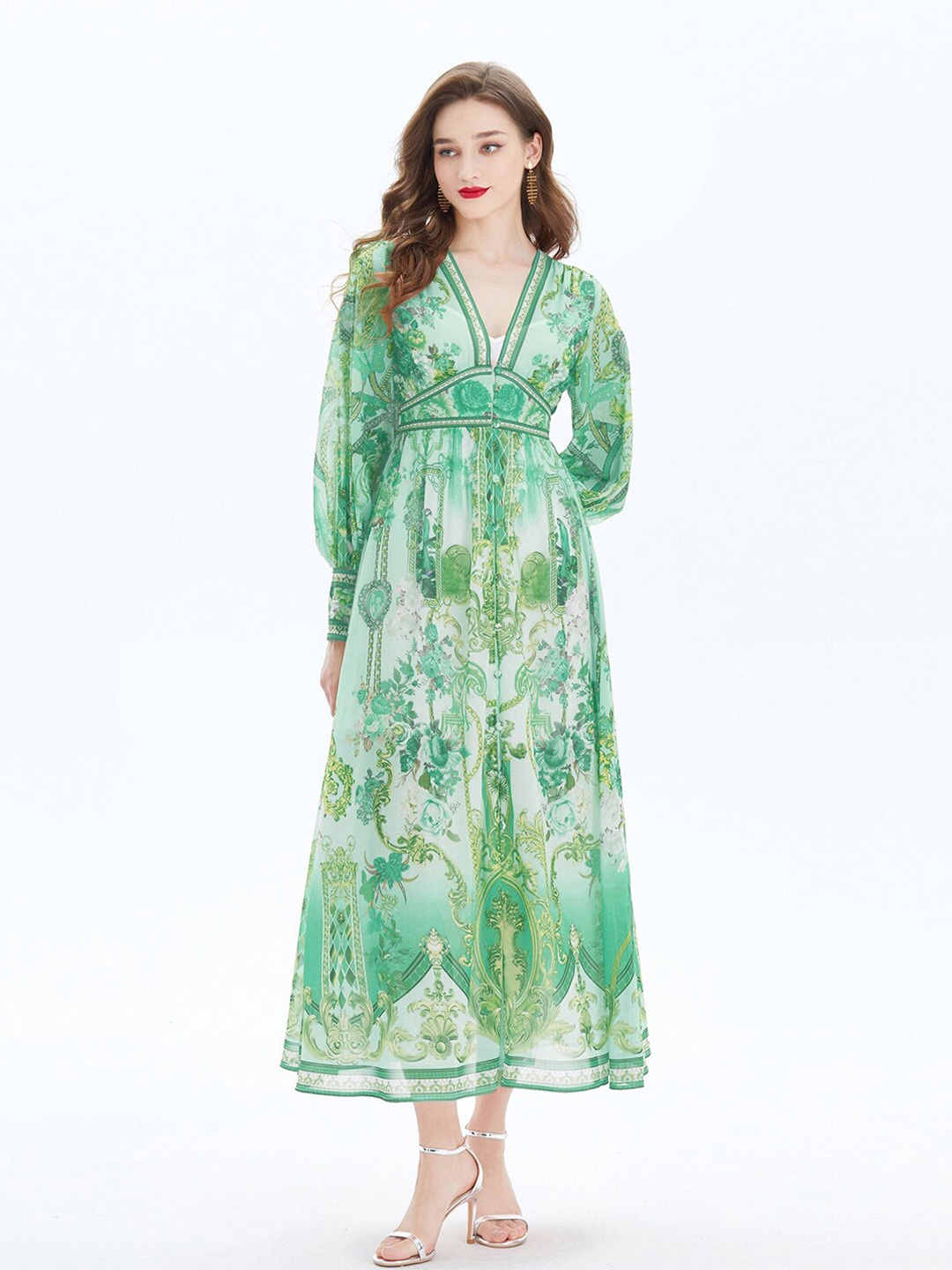 

JC Collection Floral Printed V-Neck Fit & Flare Maxi Dress, Green