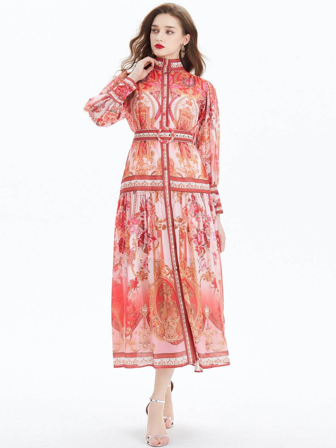 

JC Collection Ethnic Motifs Printed Mandarin Collar Maxi Dress, Red