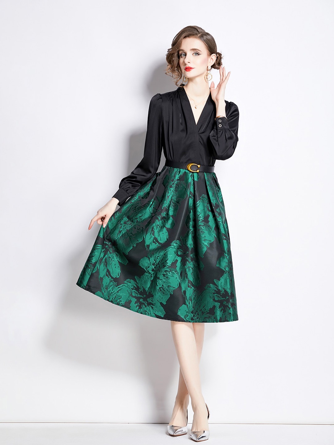 

JC Collection Floral Printed V-Neck Fit & Flare Midi Dress, Green