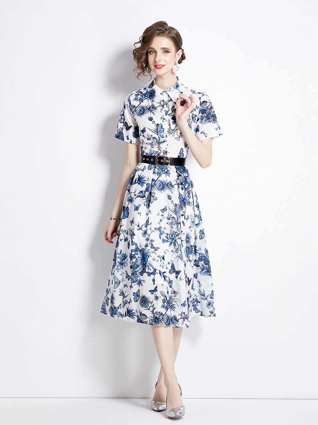 

JC Collection Floral Printed Flared Sleeve Fit & Flare Midi Dress, White