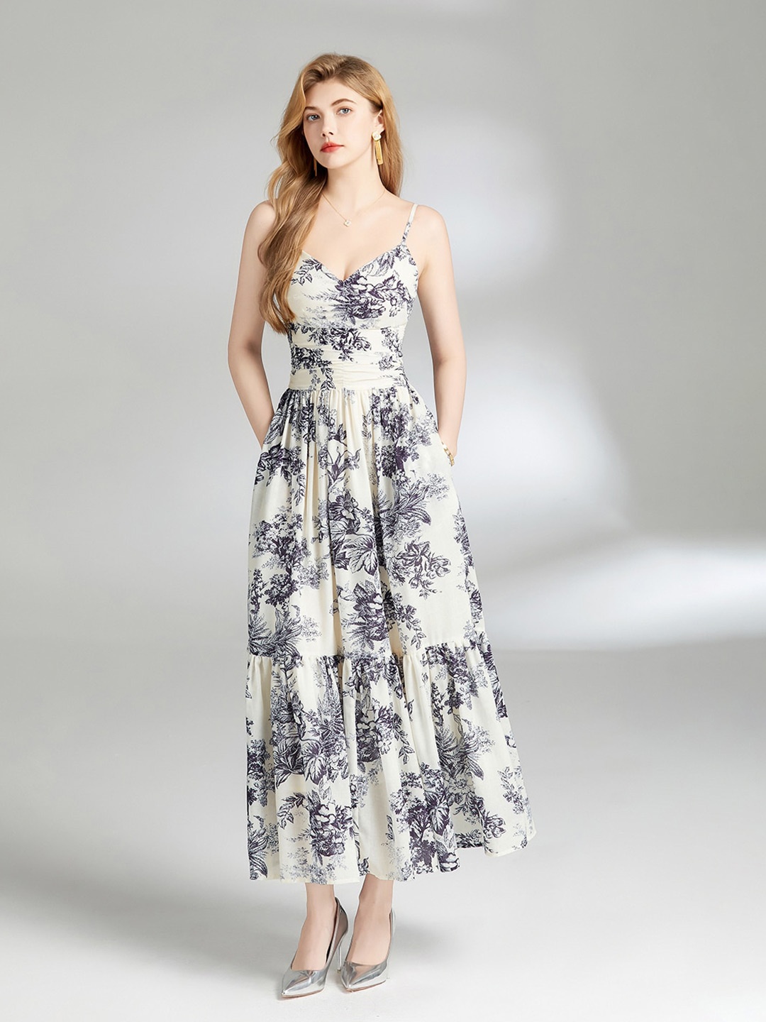 

JC Collection Floral Printed Shoulder Straps Gathered Detail Maxi Dress, White