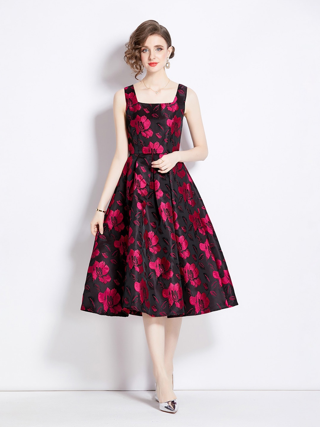 

JC Collection Floral Printed Fit & Flare Midi Dress, Black