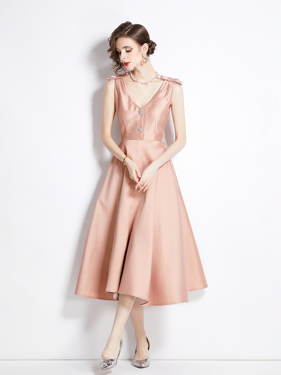 

JC Collection Sleeveless Bow Detailed Fit & Flare Midi Dress, Beige