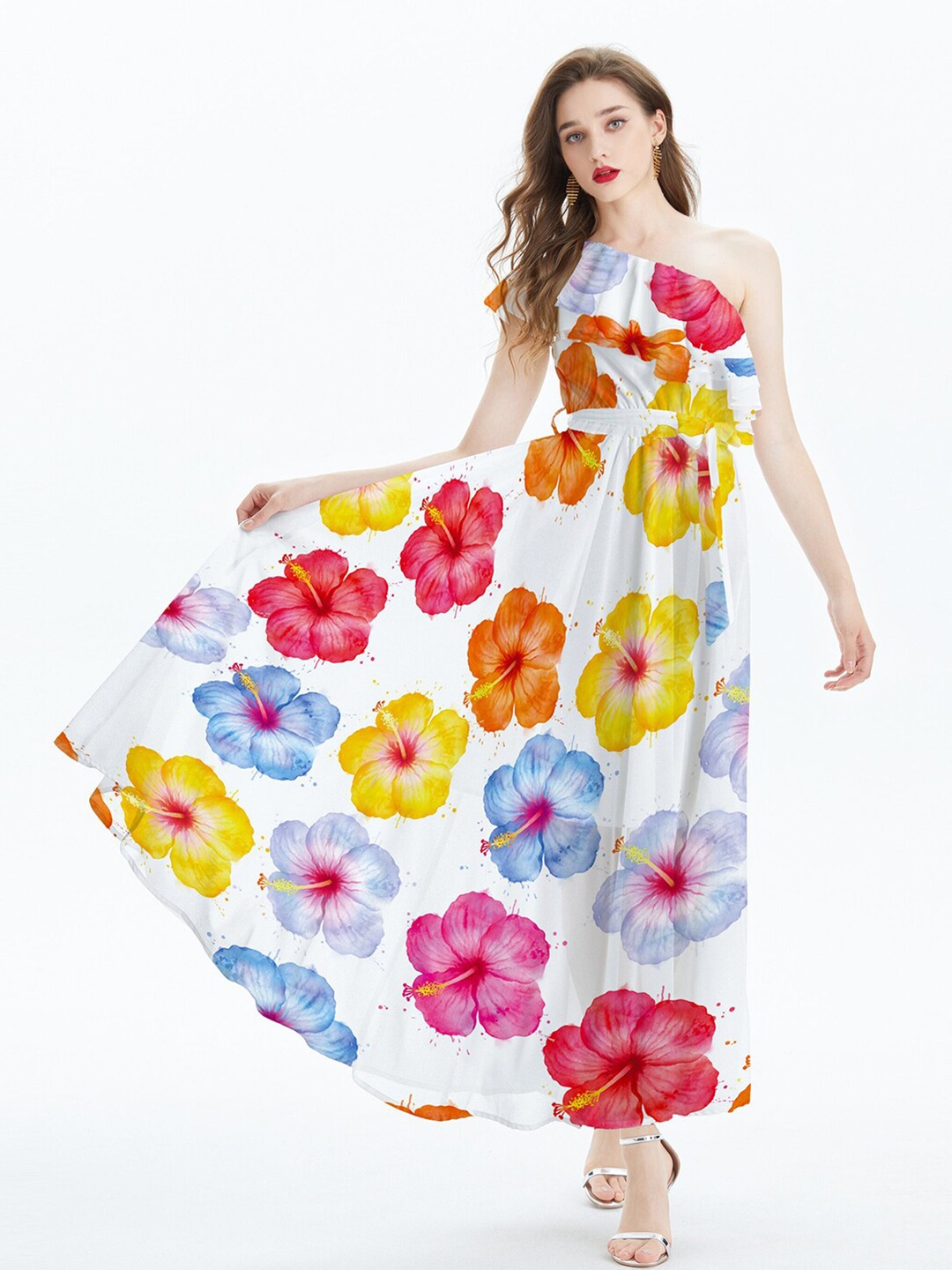 

JC Collection Floral Printed One-Shoulder Maxi Dress, White