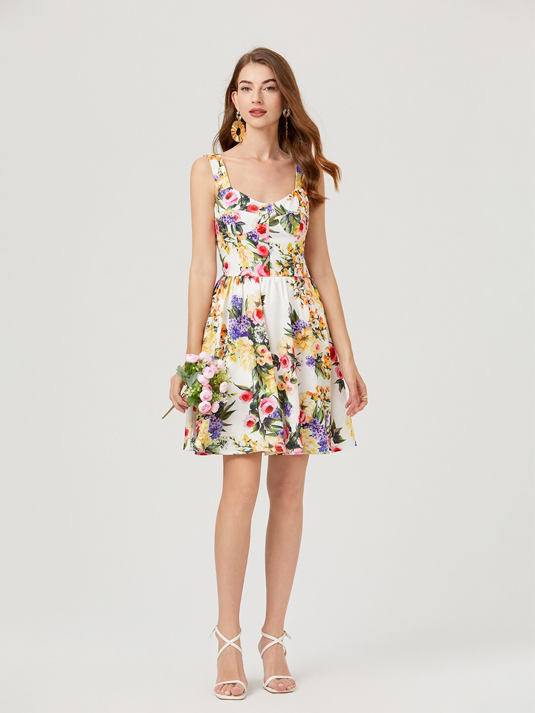 

JC Collection Floral Printed Shoulder Straps Fit & Flare Dress, White
