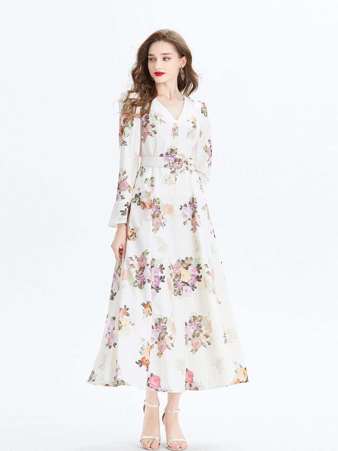 

JC Collection Floral Printed V-Neck Bell Sleeves Fit & Flare Maxi Dress With Belt, White