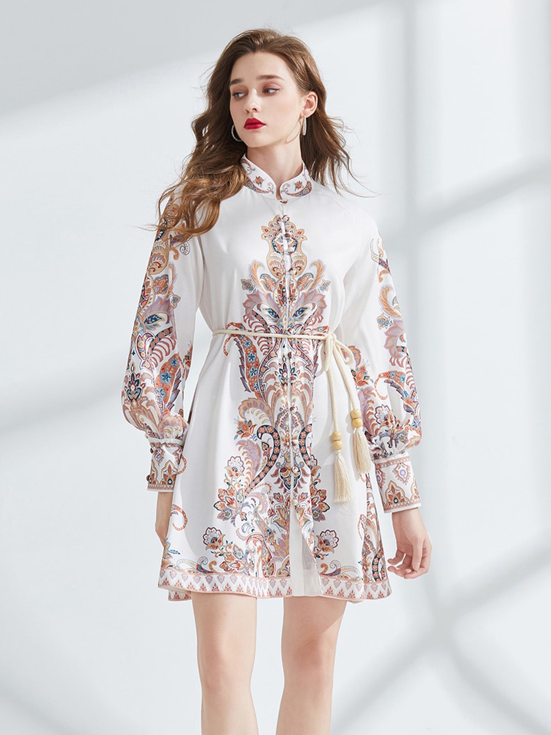 

JC Collection Floral Printed Mandarin Collar Mini A-Line Dress, Beige