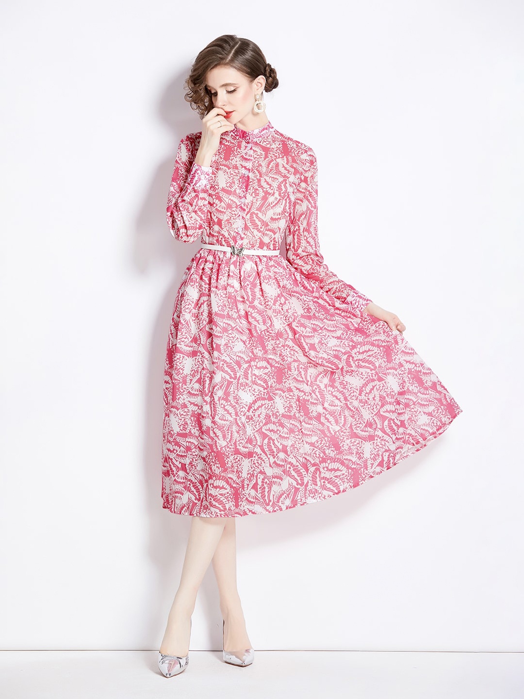 

JC Collection Floral Print Mandarin Collar Fit & Flare Midi Dress, Pink