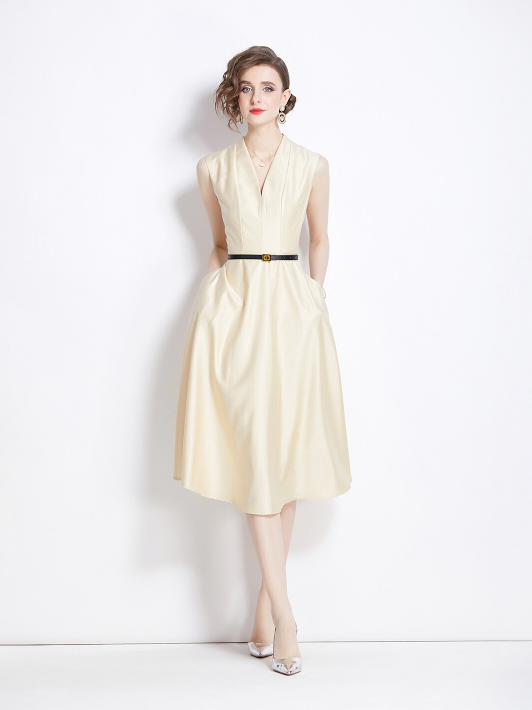 

JC Collection V-Neck A-Line Midi Dress, Beige