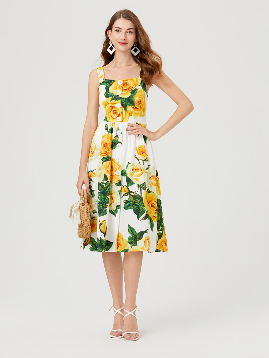 

JC Collection Floral Printed Shoulder Straps Fit & Flare Midi Dress, White