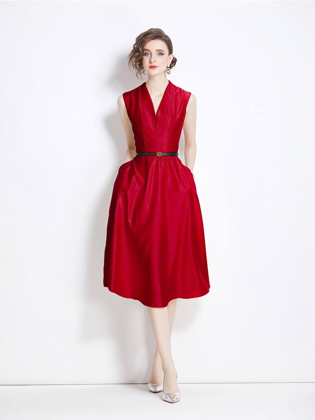 

JC Collection V-Neck A-Line Midi Dress, Red