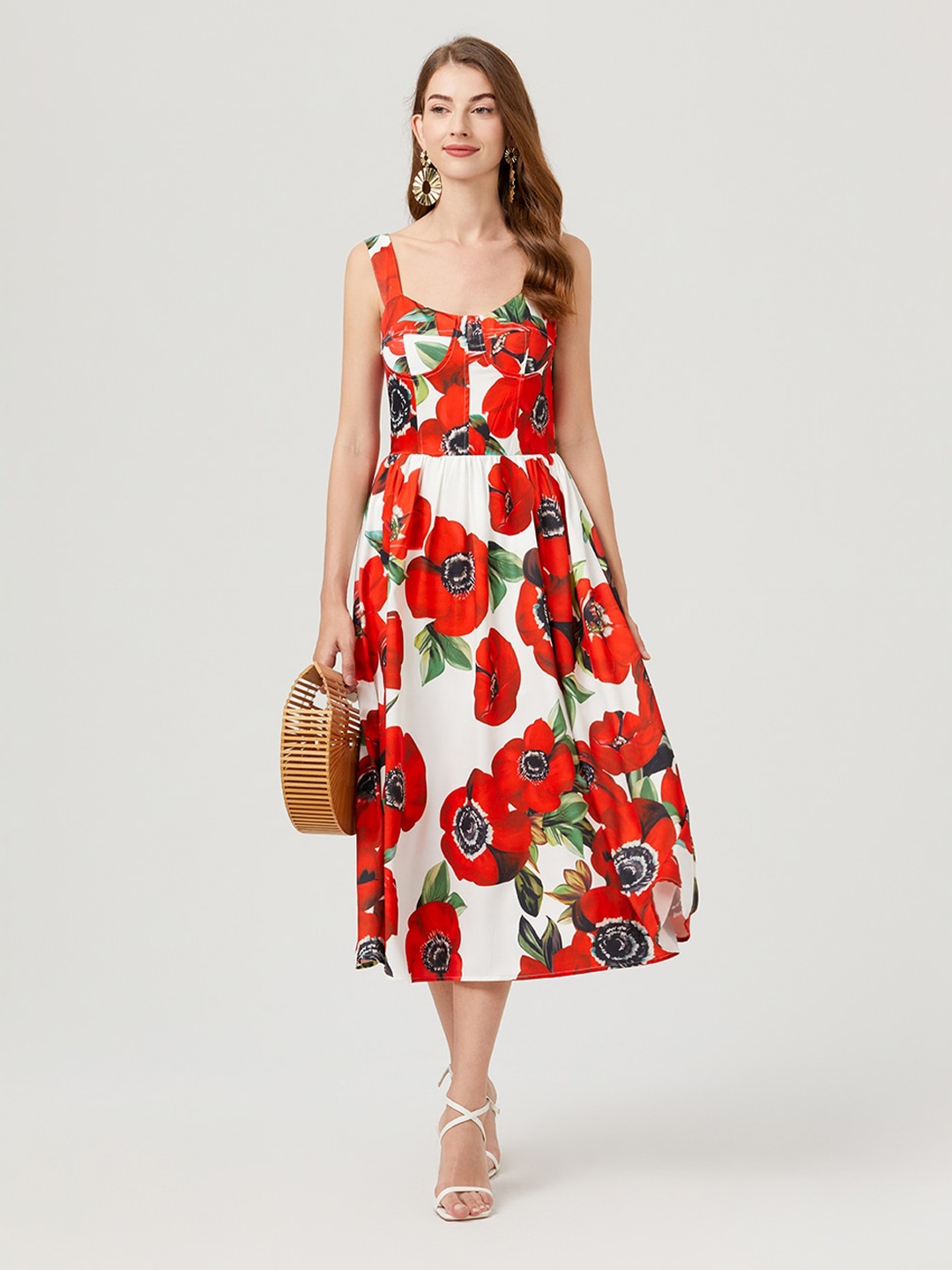 

JC Collection Floral Printed Fit and Flare Midi Dress, Red