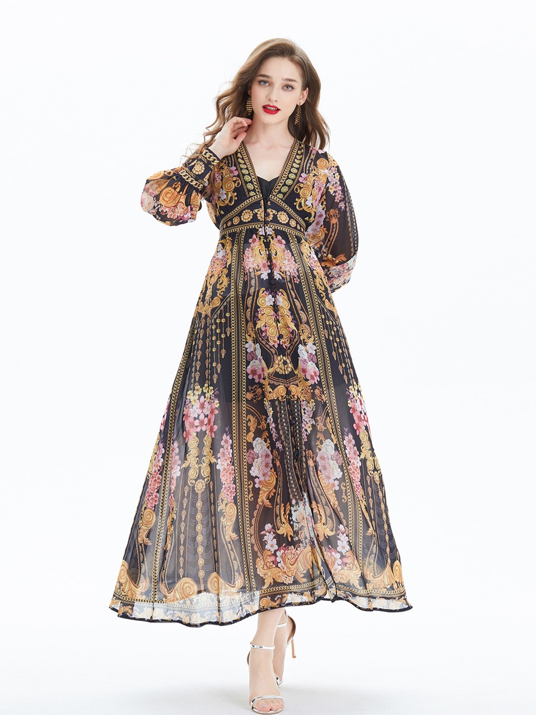 

JC Collection Floral Printed V-Neck Cuffed Sleeves Maxi Dress, Black