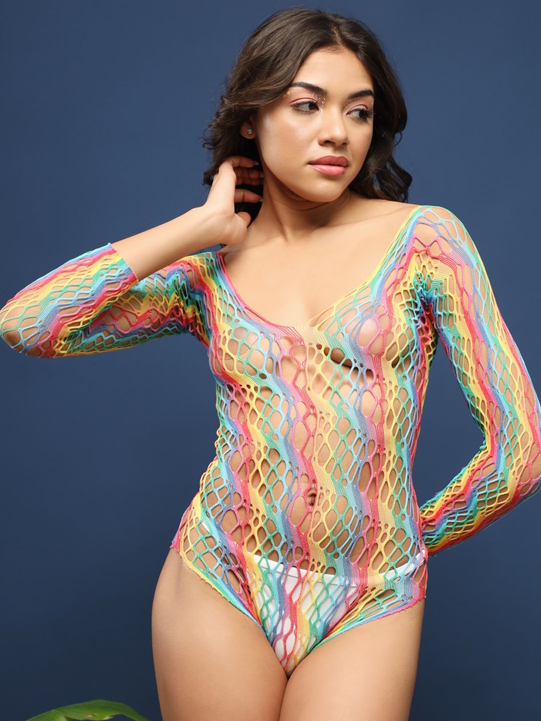 

ELTIRE Self Design V-Neck Bodysuit, Blue