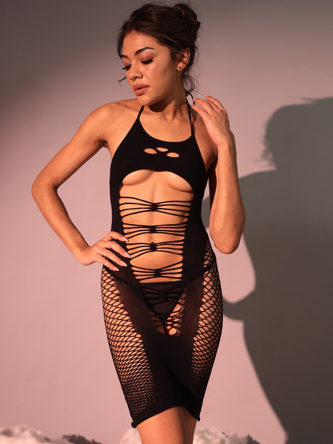 

ELTIRE Halter Neck Self Design Babydoll, Black