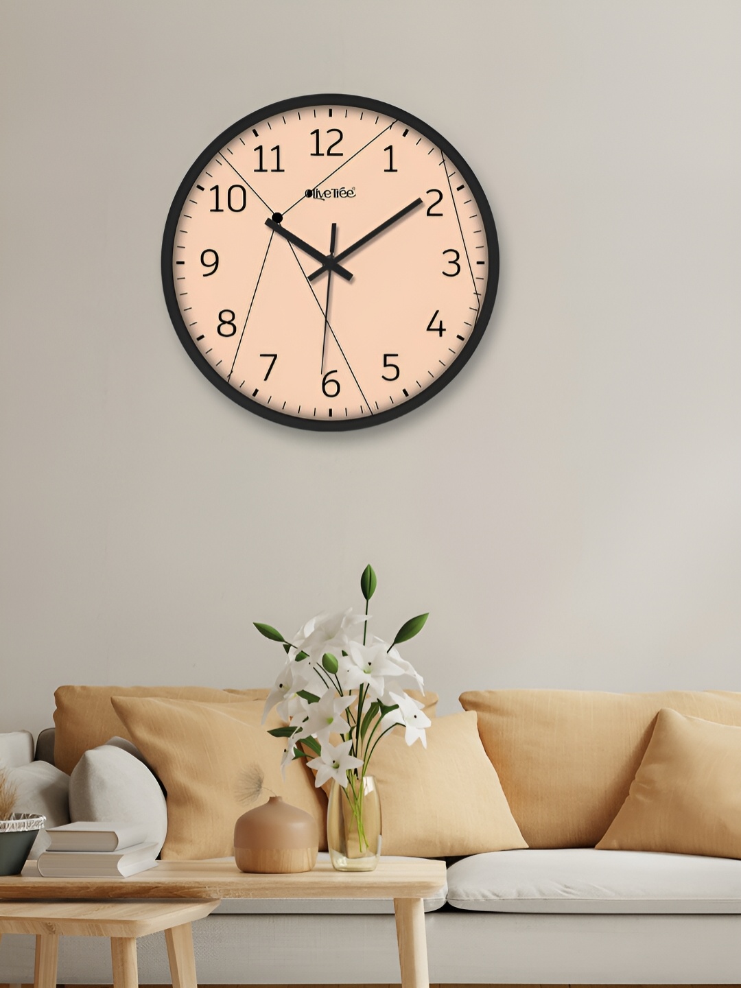 OLIVE TREE Black & Peach Printed Round Shaped Contemporary Analogue Wall Clock