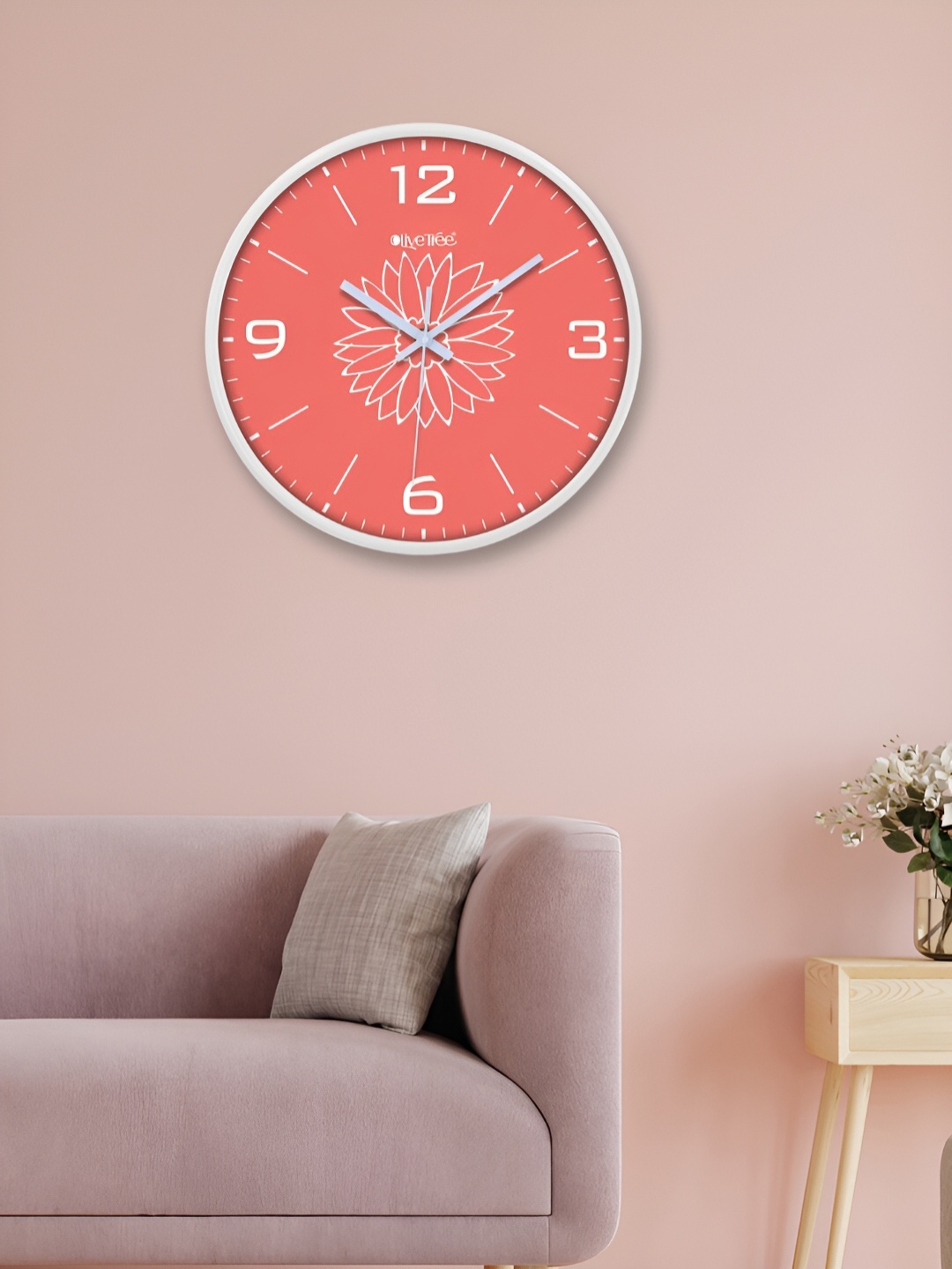 OLIVE TREE White & Peach Printed Round Shaped Contemporary Analogue Wall Clock