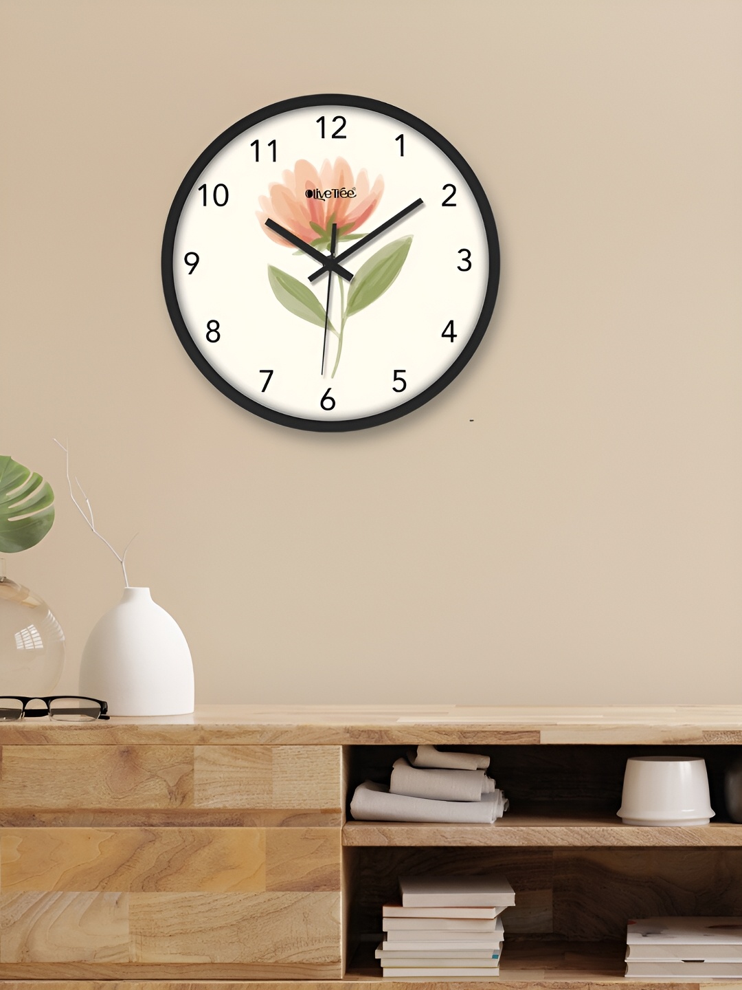 OLIVE TREE Black & Peach Printed Round Shaped Contemporary Analogue Wall Clock