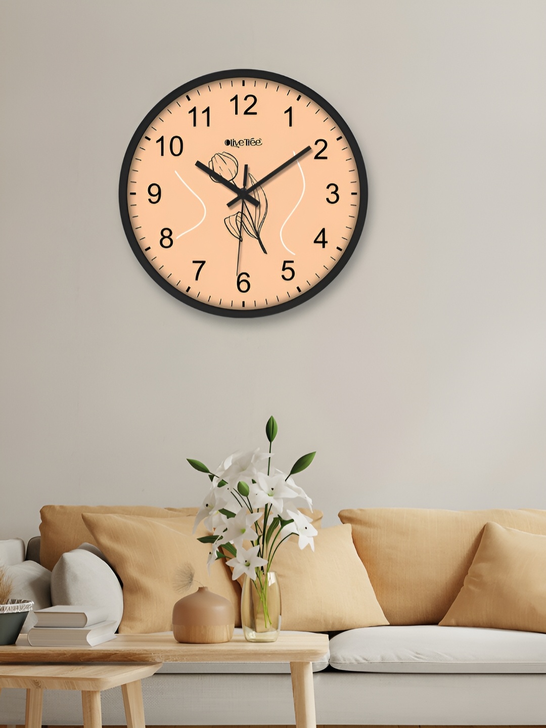 OLIVE TREE Black & Peach Printed Round Shaped Contemporary Analogue Wall Clock