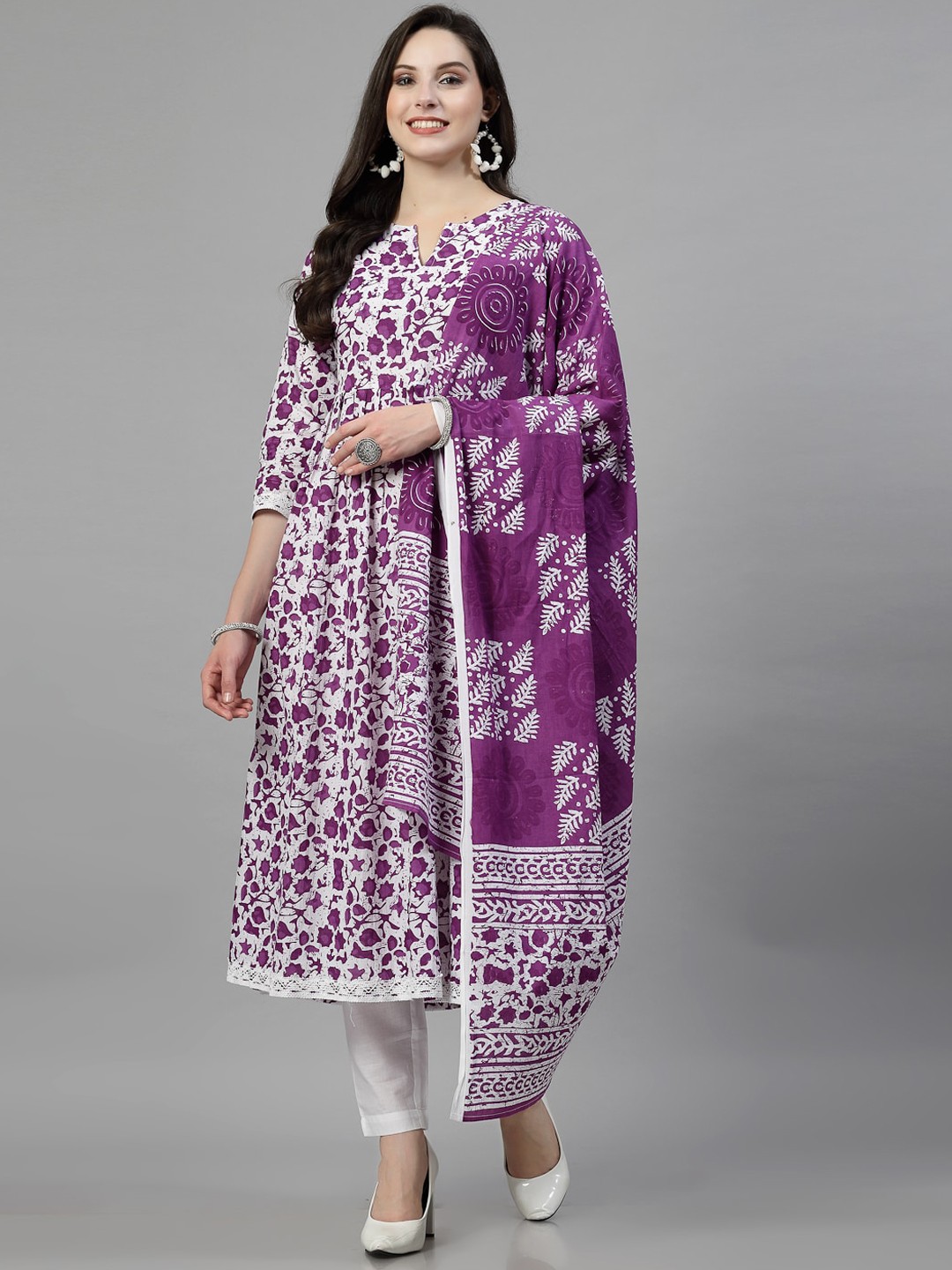 

NEW STYLISH Floral Printed Flared Pleated Pure Cotton Anarkali Kurta Set, Purple