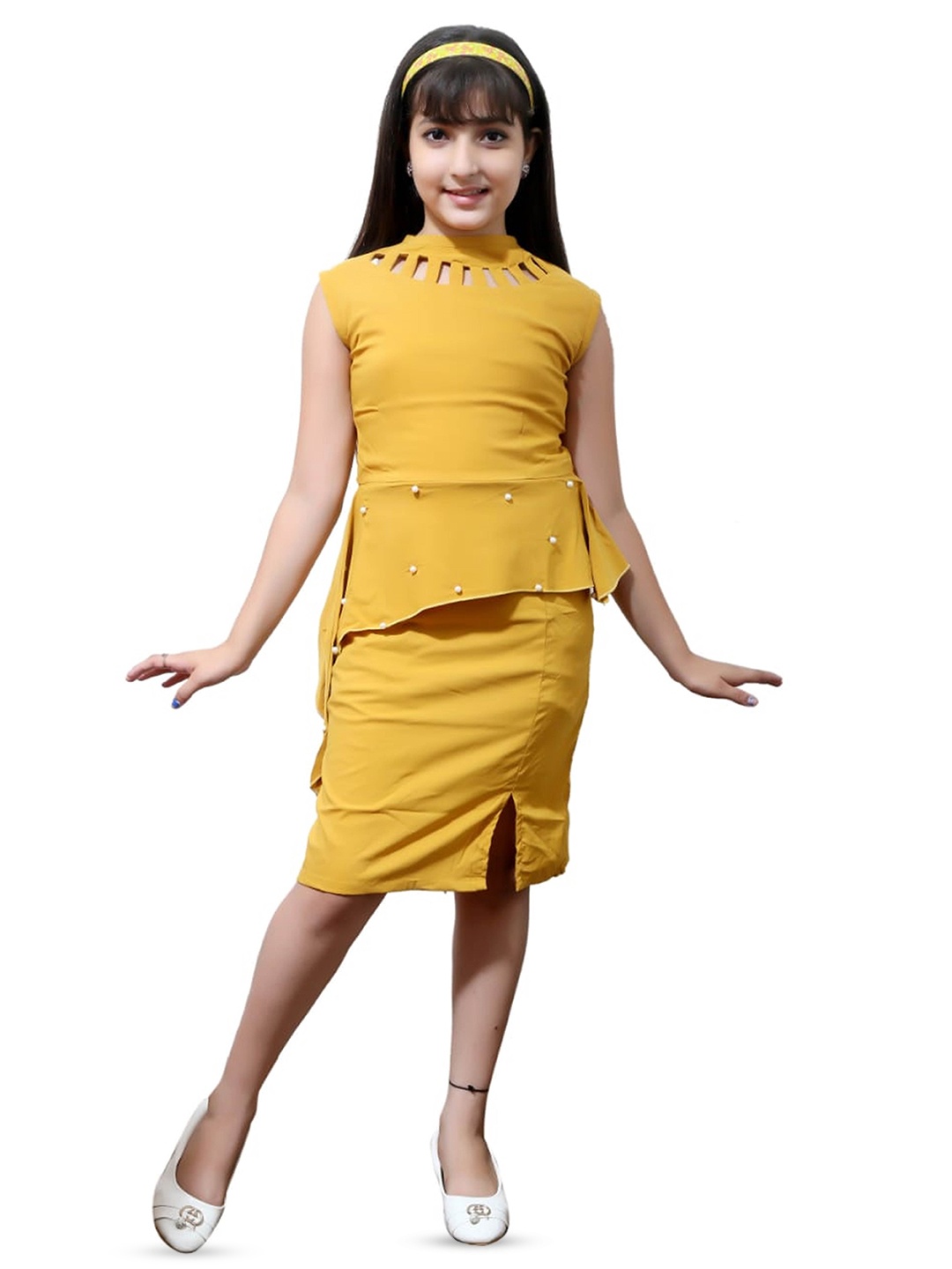 

FELLAMO Girls Boat Neck Cotton Sleeveless Peplum Dress, Yellow