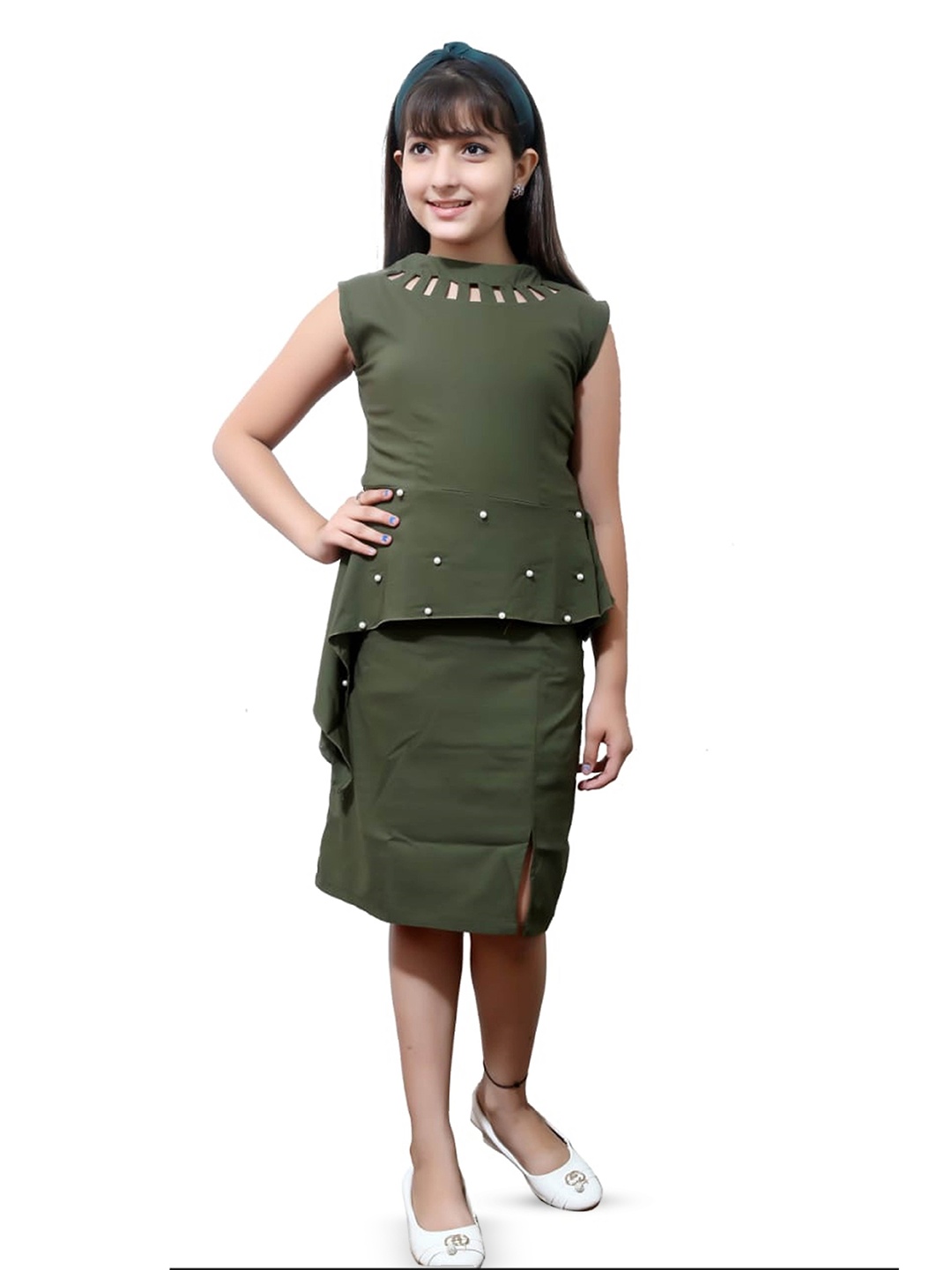 

FELLAMO Girls Boat Neck Cotton Sleeveless Peplum Dress, Green