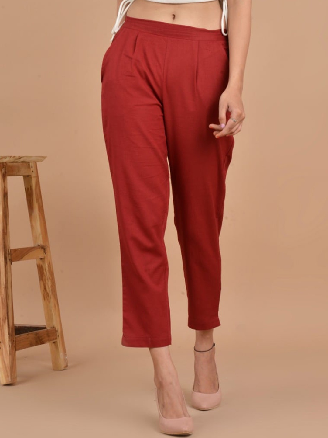 

SHOOLIN Women Relaxed Straight Leg Cotton High-Rise Trousers, Red