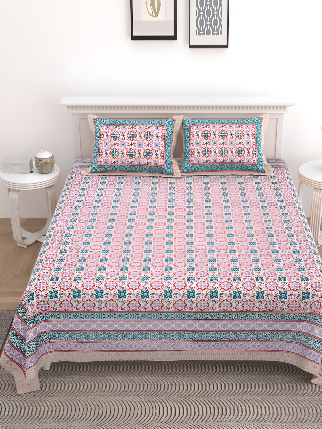 

SHOOLIN Off White & Purple Floral Printed Queen Bedsheet with 2 Pillow Covers