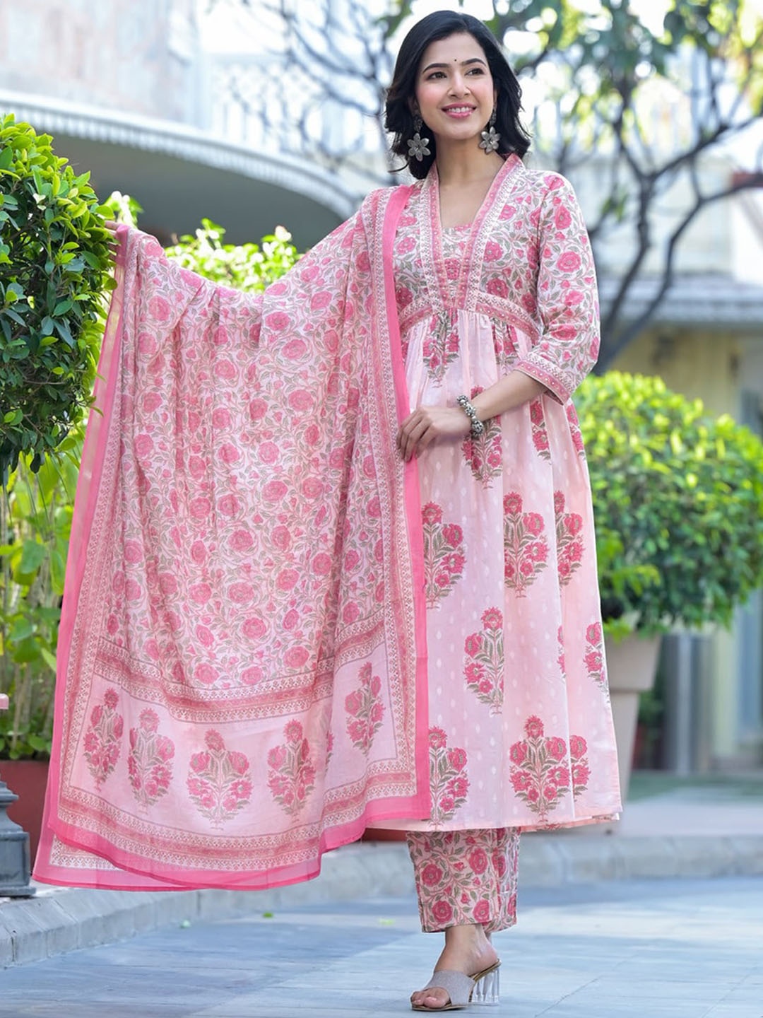 

KALINI Floral Printed Empire Sequinned Anarkali Pure Cotton Kurta ,Trousers & Dupatta, Pink