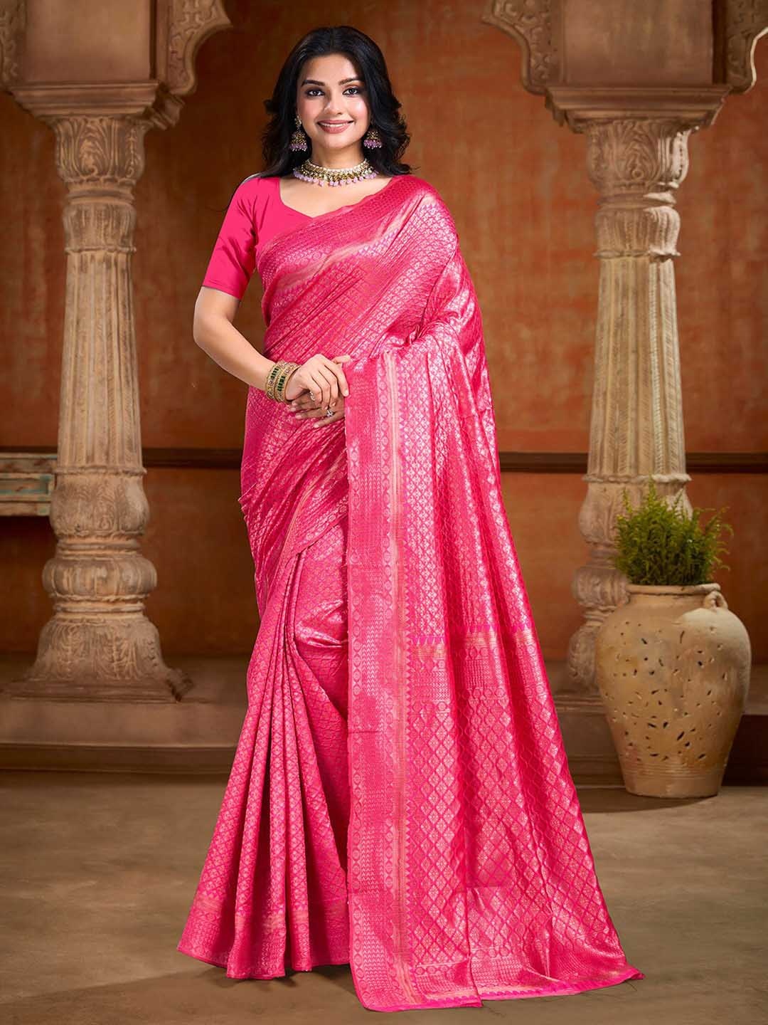 

DIVASTRI Ethnic Motifs Zari Art Silk Banarasi Saree, Pink