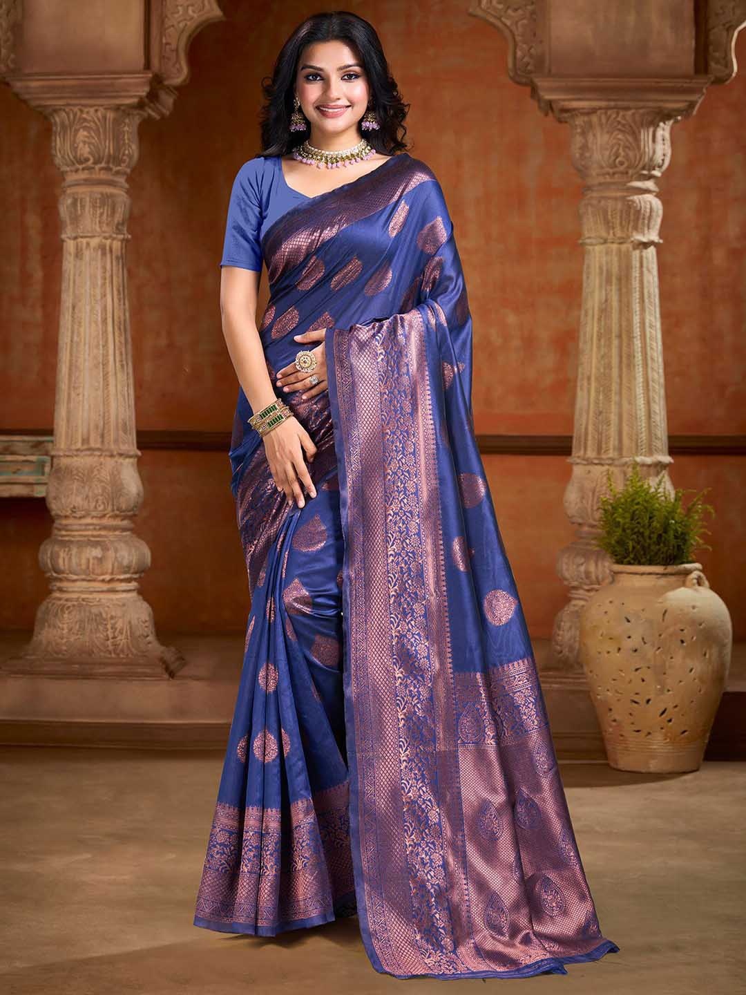 

DIVASTRI Ethnic Motifs Zari Art Silk Banarasi Saree, Blue