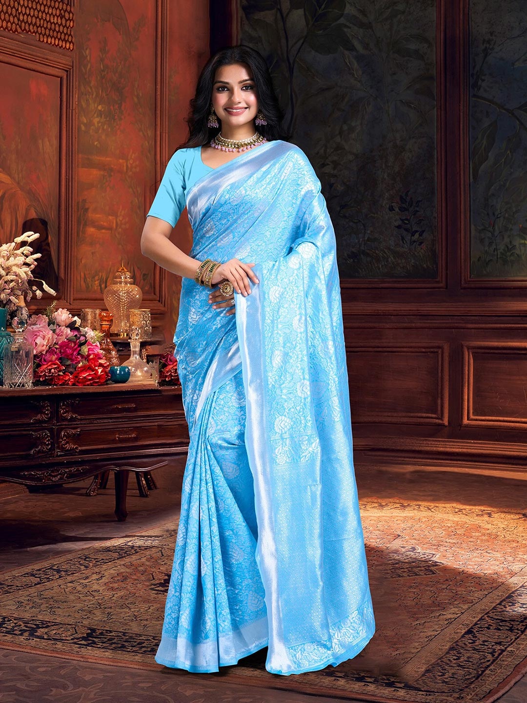 

DIVASTRI Ethnic Motifs Zari Art Silk Banarasi Saree, Blue