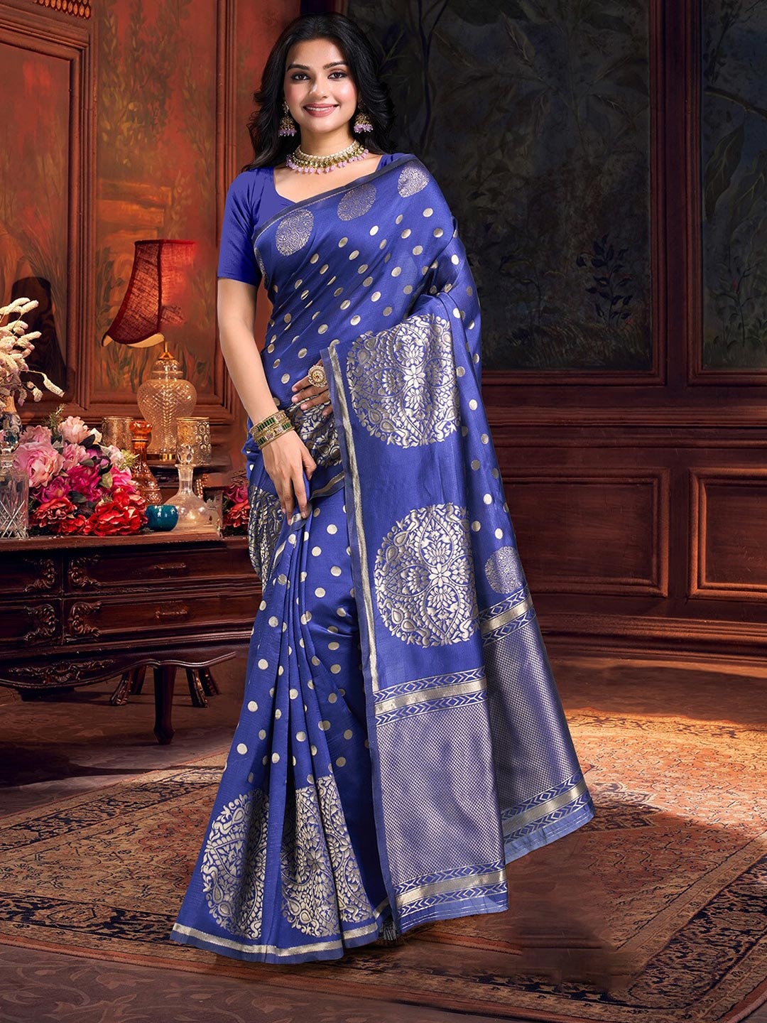 

DIVASTRI Polka Dot Zari Art Silk Banarasi Saree, Blue