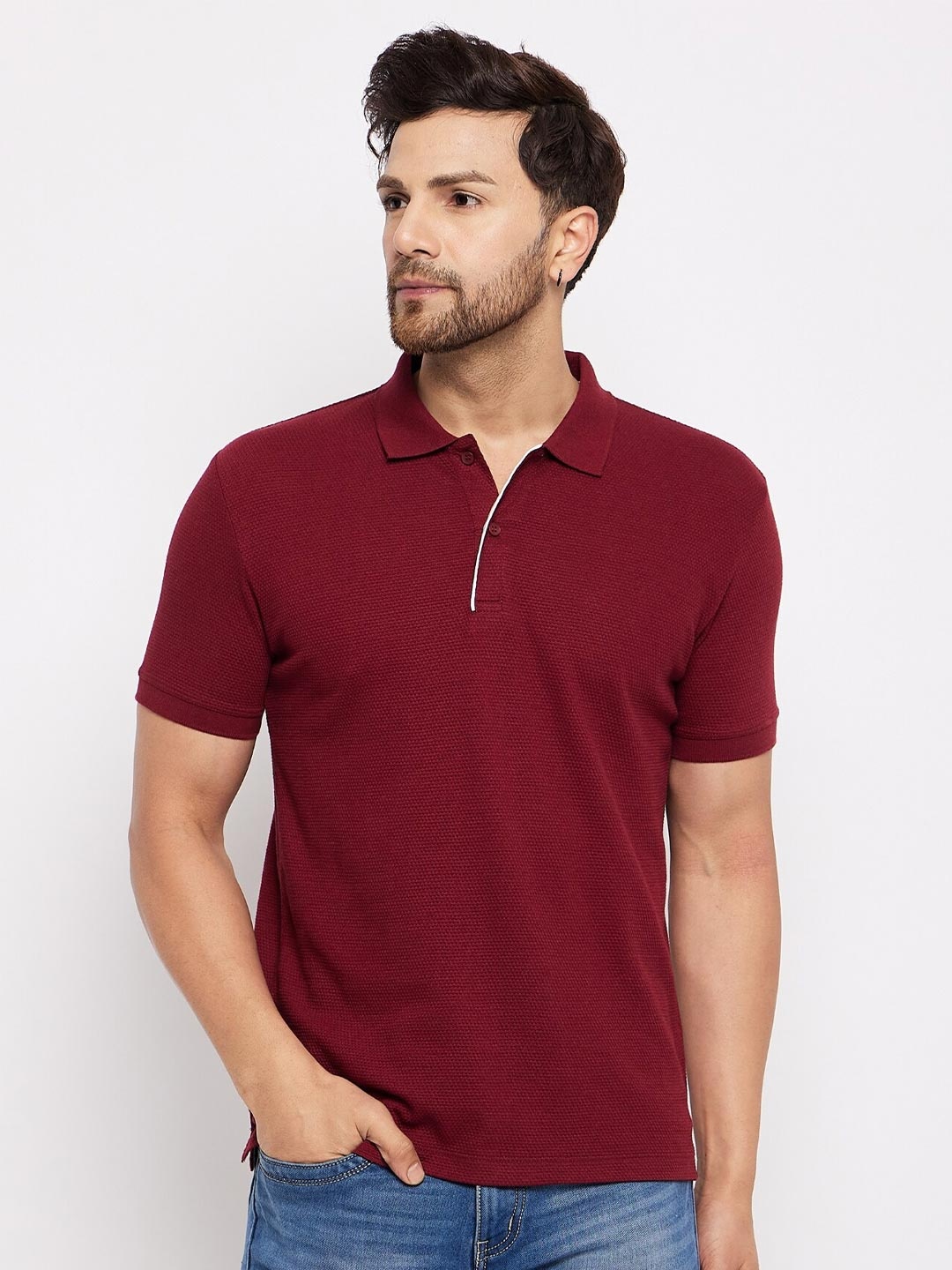 

WILD WEST Self Design Polo Collar Short Sleeves Cotton T-shirt, Maroon