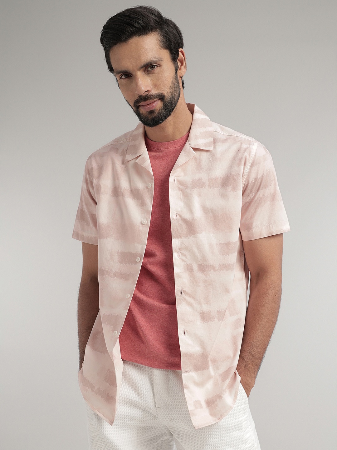 

Andamen Premium Slim Fit Abstract Printed Cuban Collar Short Sleeves Cotton Casual Shirt, Pink