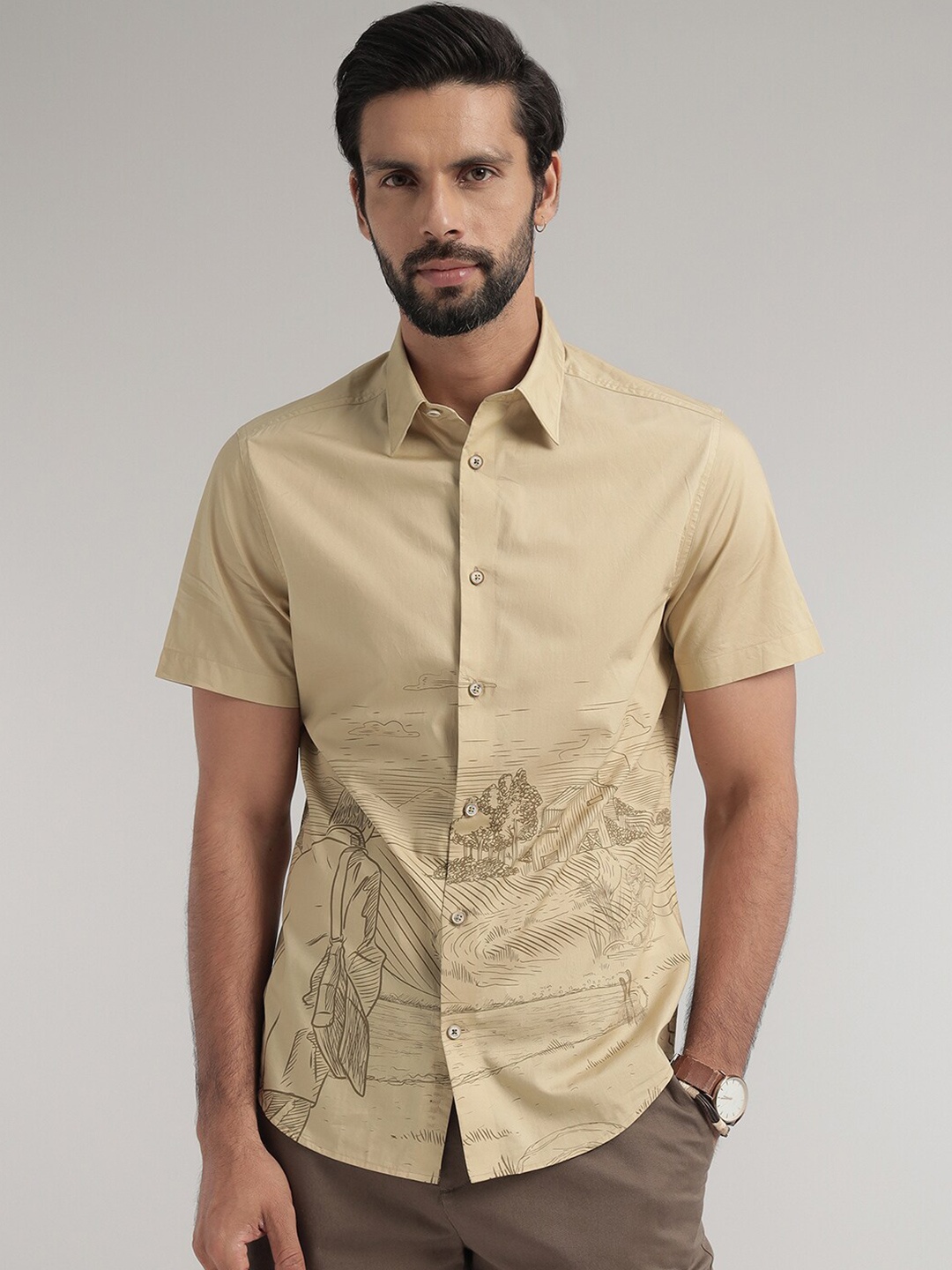 

Andamen Premium Fit Graphic Printed Spread Collar Cotton Casual Shirt, Khaki