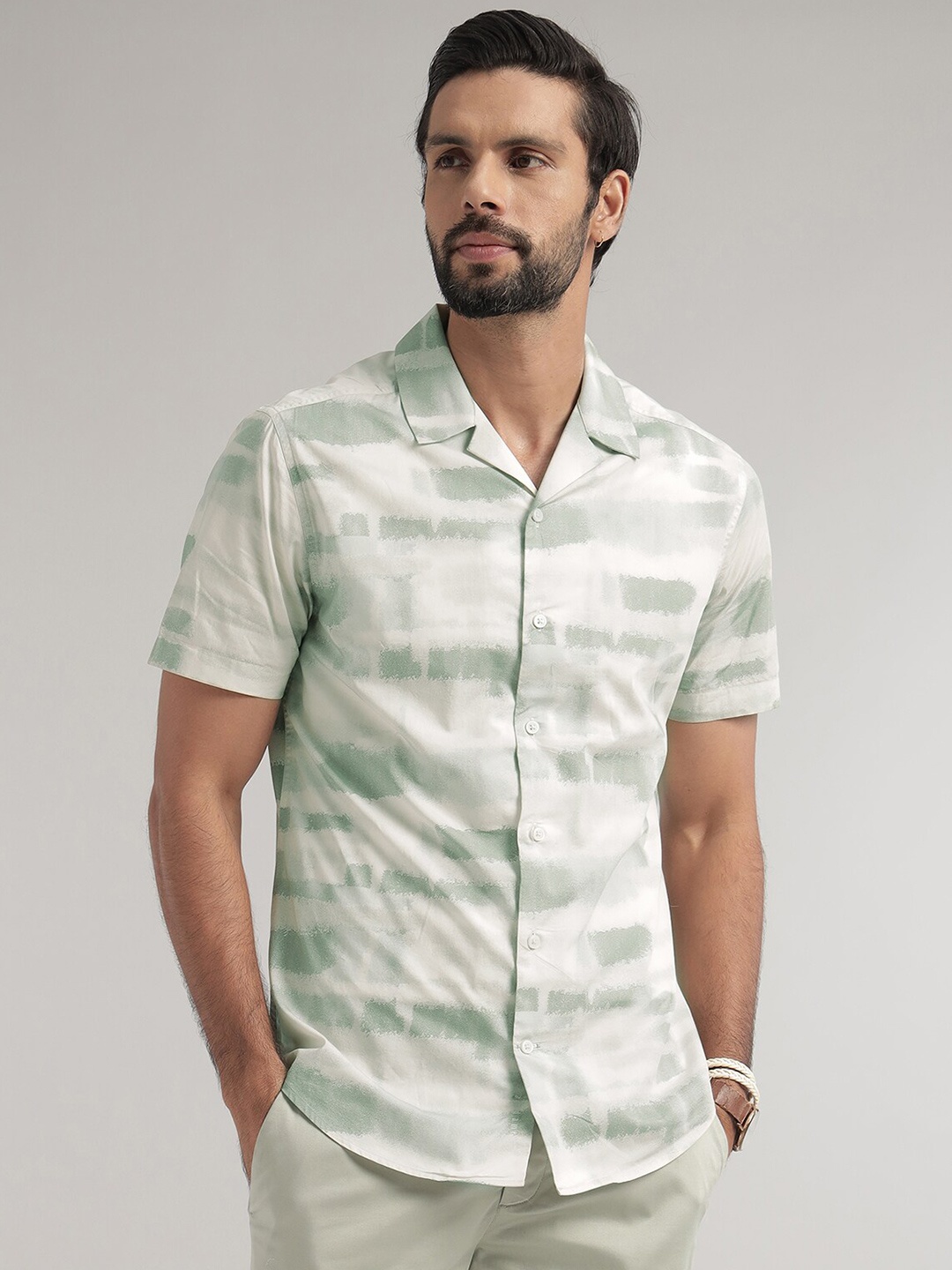 

Andamen Premium Slim Fit Abstract Printed Cuban Collar Short Sleeves Cotton Casual Shirt, Green