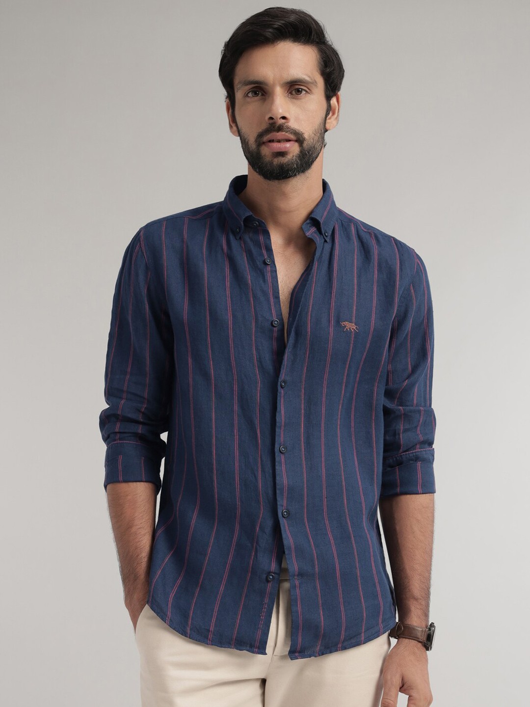 

Andamen Premium Fit Vertical Striped Button-Down Collar Linen Casual Shirt, Blue