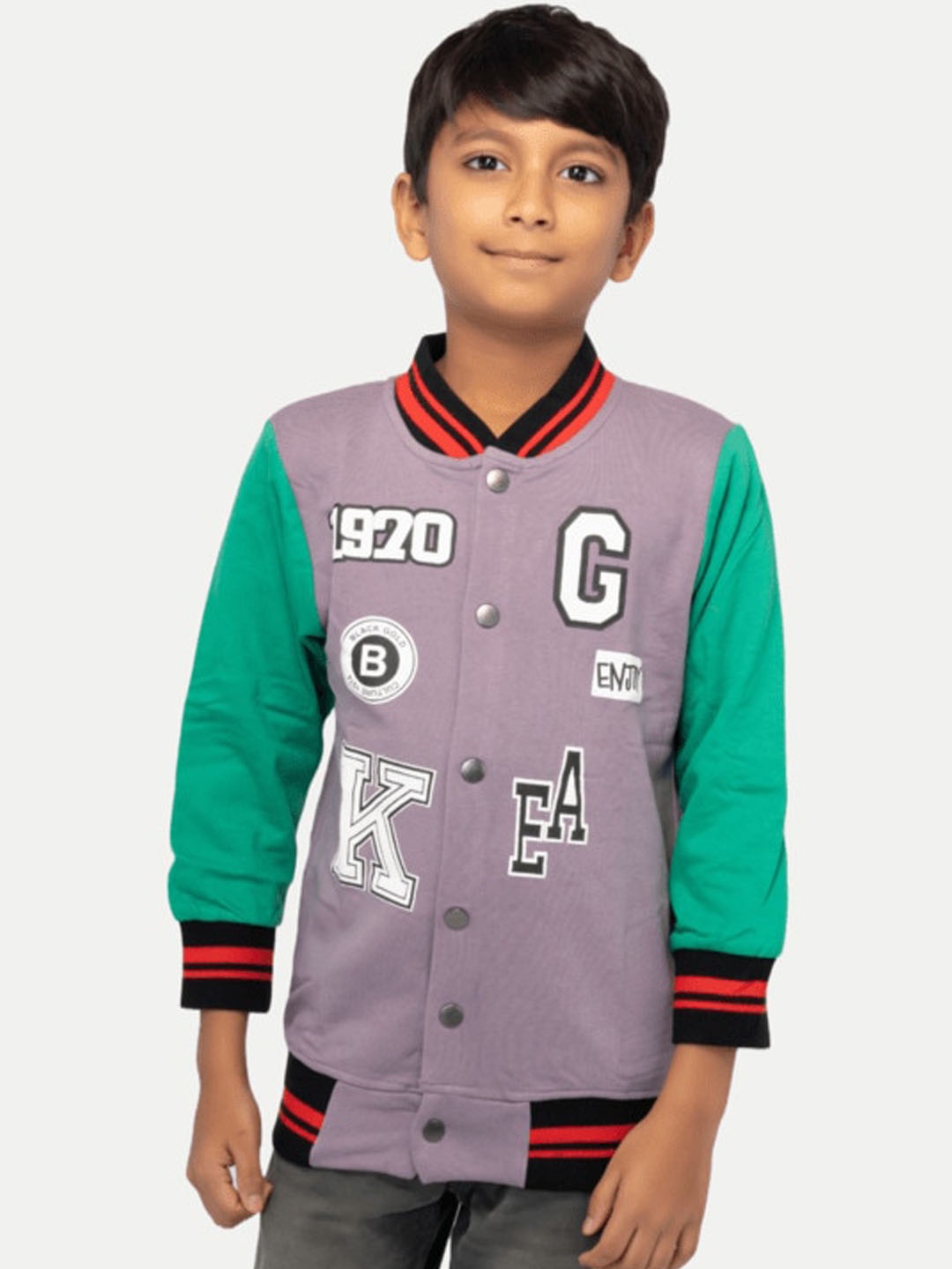 

BAESD Typography Printed Stand Collar Fleece Varsity Jacket, Purple