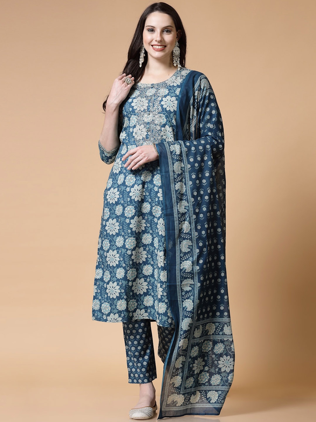 

NEW STYLISH Floral Printed Regular Pure Cotton Kurta with Trousers & Dupatta, Blue