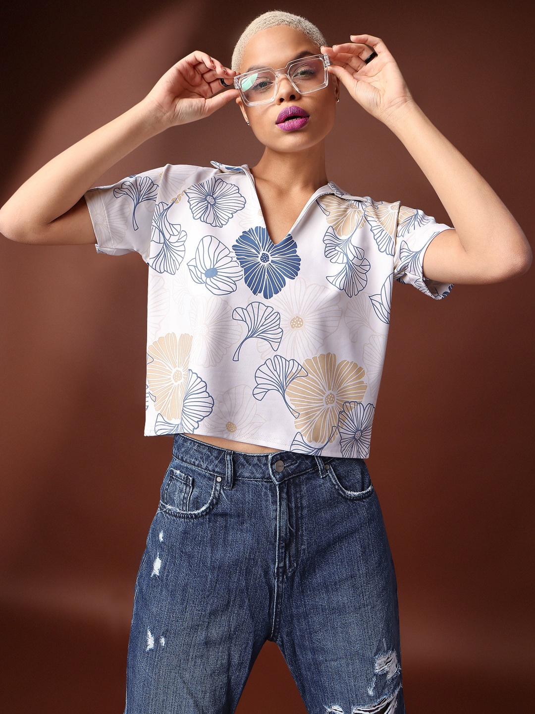 

PURVAJA Floral Print Shirt Collar Short Top, Off white