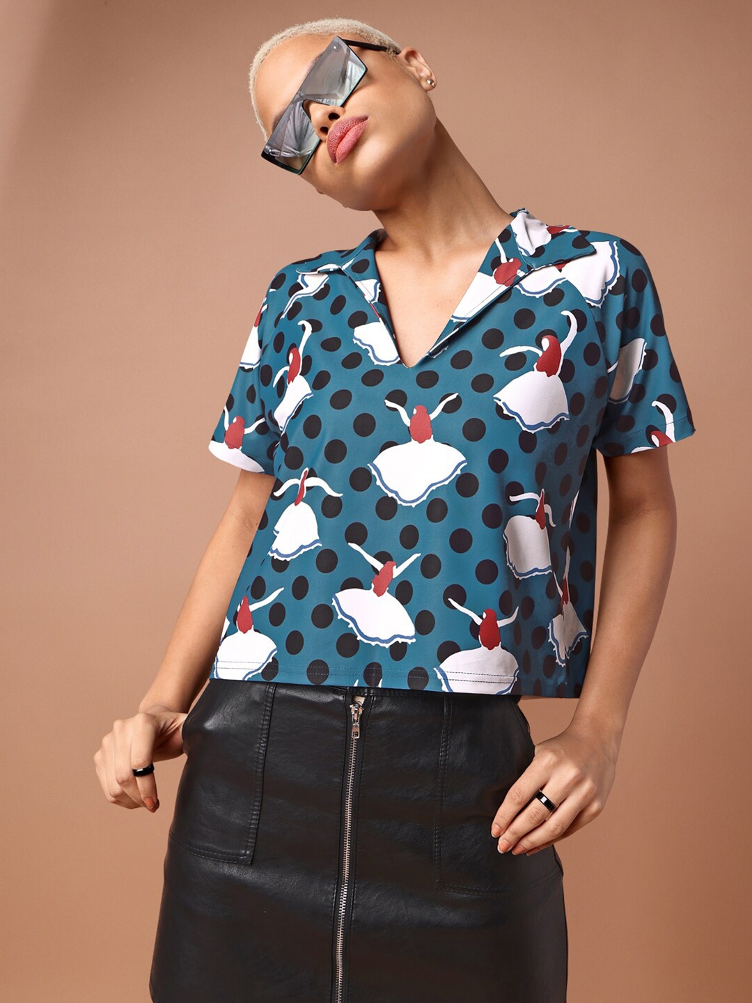 

PURVAJA City Look Polka Dots Print Shirt Collar Top, Blue