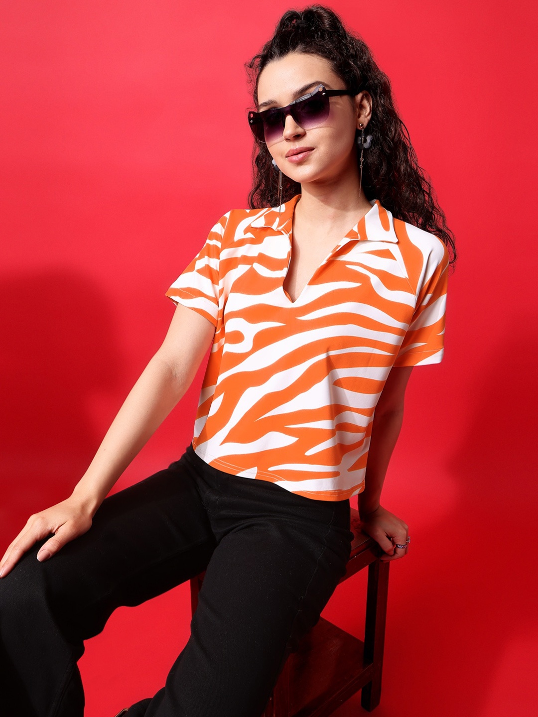 

PURVAJA Striped Shirt Collar Top, Orange