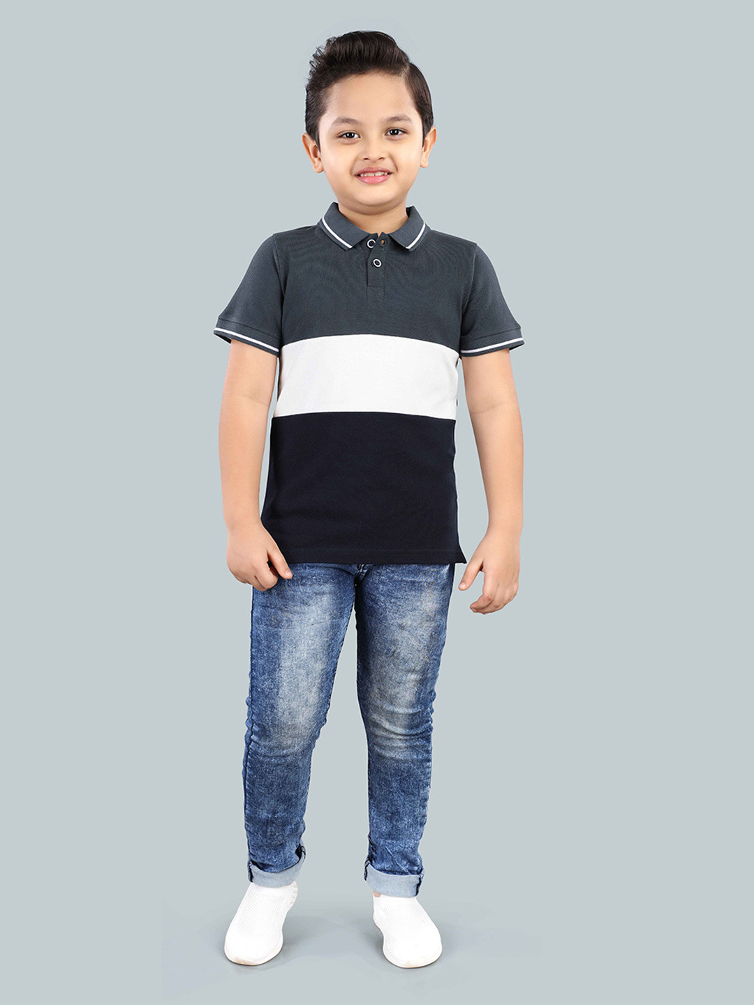 

3PIN Boys Colourblocked Polo Collar Short Sleeves Cotton T-shirt, Grey